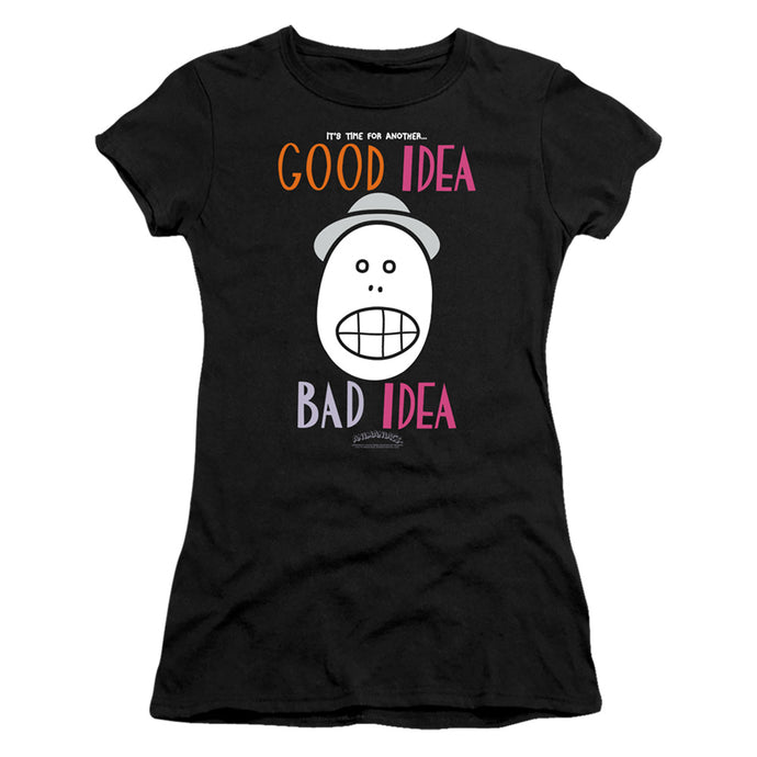 Animaniacs Good Idea Bad Idea Junior Sheer Cap Sleeve Womens T Shirt Black