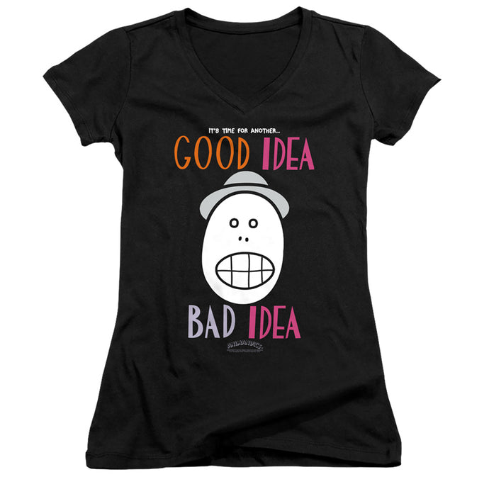 Animaniacs Good Idea Bad Idea Junior Sheer Cap Sleeve V-Neck Womens T Shirt Black