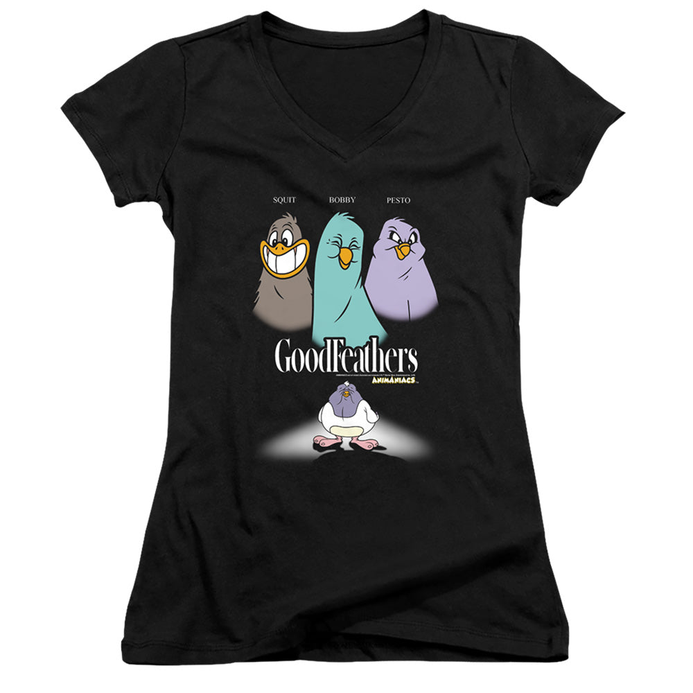 Animaniacs Goodfeathers Junior Sheer Cap Sleeve V-Neck Womens T Shirt Black