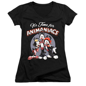 Animaniacs Its Time For Junior Sheer Cap Sleeve V-Neck Womens T Shirt Black
