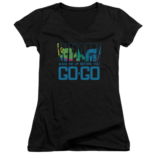 Wham! Wake Me Up Before You Go Go Junior Sheer Cap Sleeve V-Neck Womens T Shirt Black