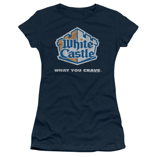 White Castle Distressed Logo Junior Sheer Cap Sleeve Womens T Shirt Navy