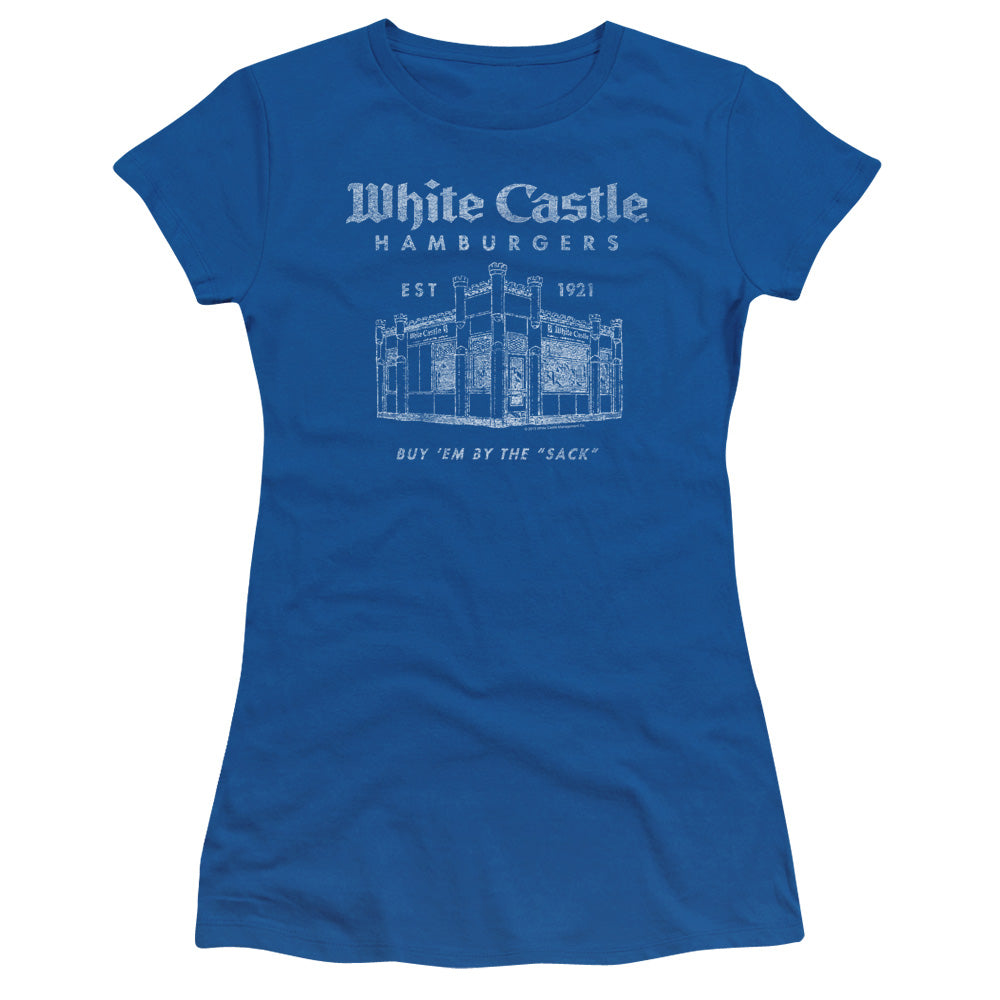 White Castle By The Sack Junior Sheer Cap Sleeve Womens T Shirt Royal Blue