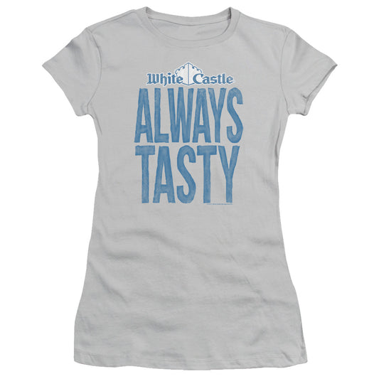 White Castle Always Tasty Junior Sheer Cap Sleeve Womens T Shirt Silver