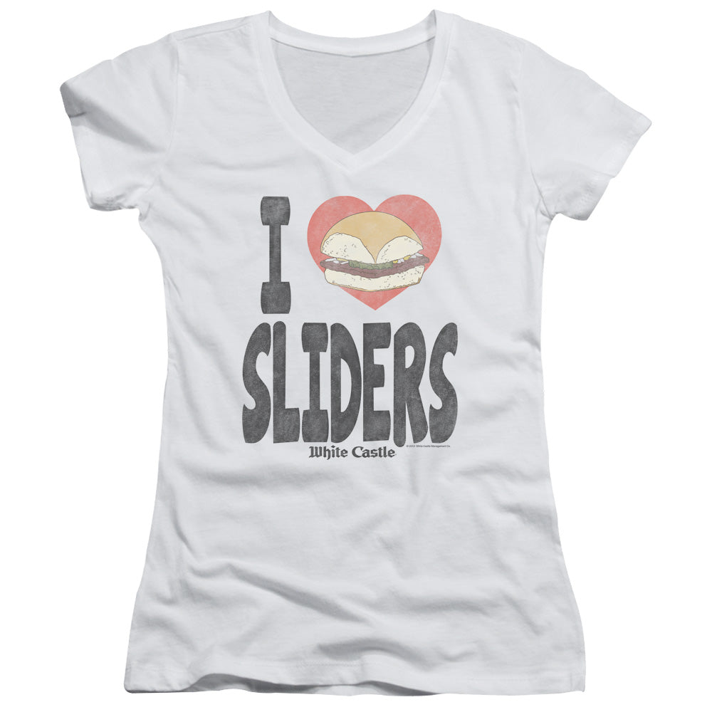 White Castle I Heart Sliders Junior Sheer Cap Sleeve V-Neck Womens T Shirt White