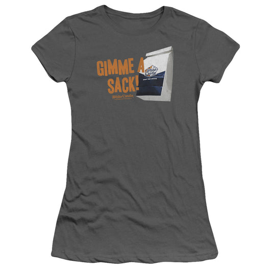 White Castle Gimmie A Sack Junior Sheer Cap Sleeve Womens T Shirt Charcoal