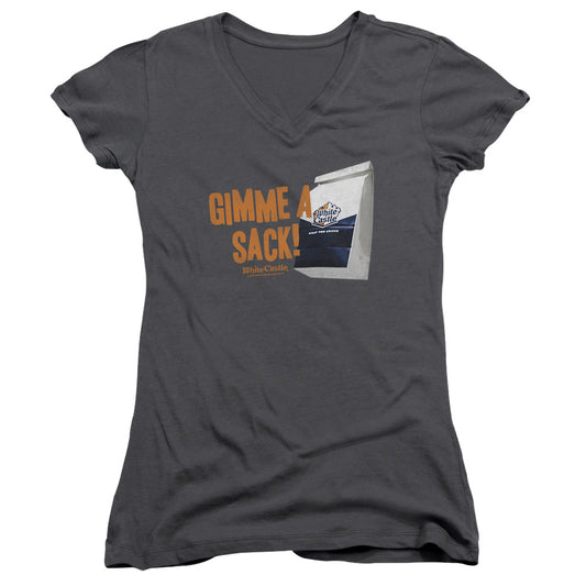 White Castle Gimmie A Sack Junior Sheer Cap Sleeve V-Neck Womens T Shirt Chracoal