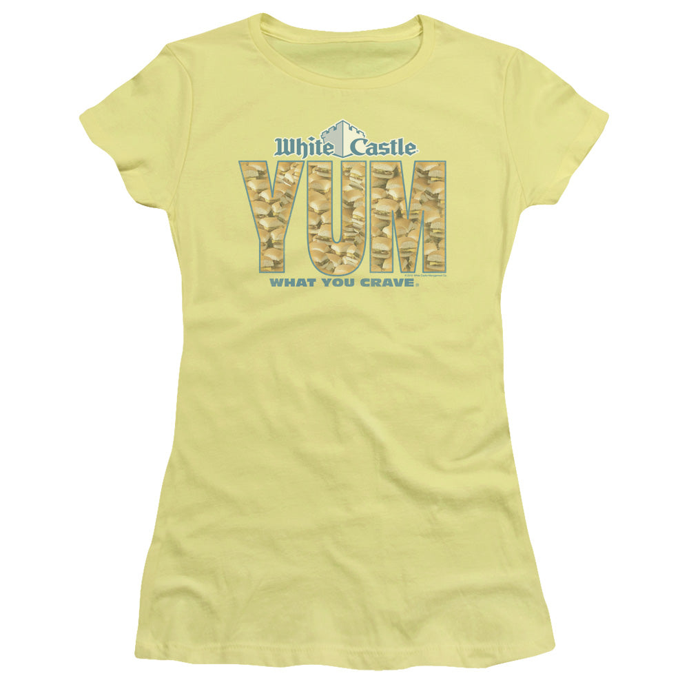 White Castle Yum Junior Sheer Cap Sleeve Womens T Shirt Banana