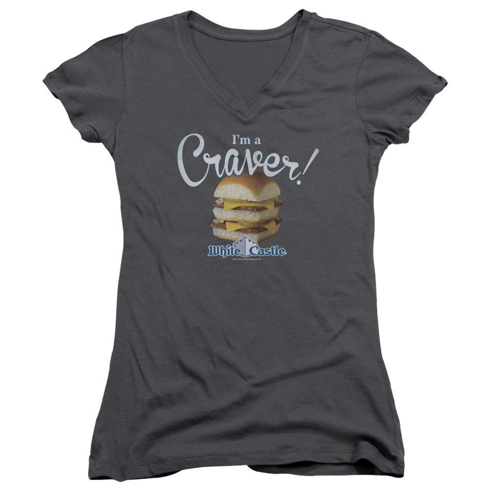 White Castle Craver Junior Sheer Cap Sleeve V-Neck Womens T Shirt Chracoal