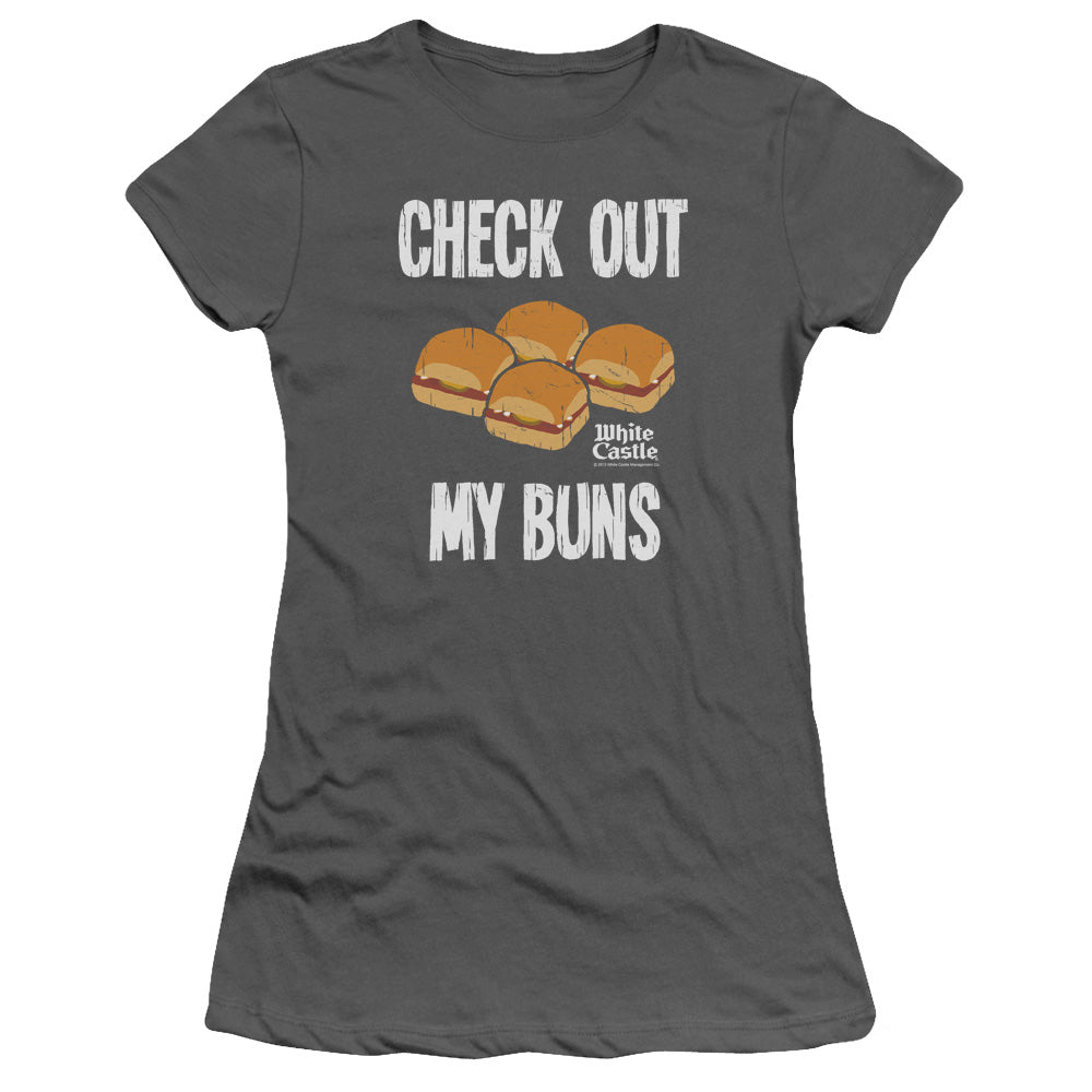 White Castle My Buns Junior Sheer Cap Sleeve Womens T Shirt Charcoal