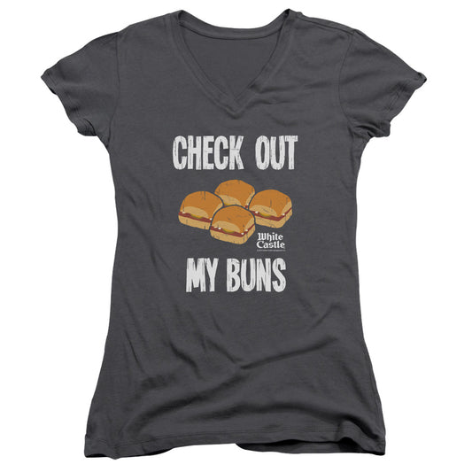 White Castle My Buns Junior Sheer Cap Sleeve V-Neck Womens T Shirt Chracoal