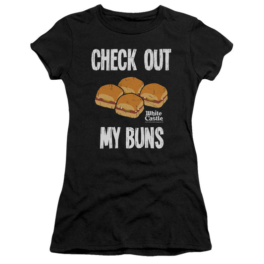 White Castle My Buns Junior Sheer Cap Sleeve Womens T Shirt Black