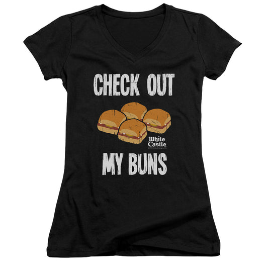 White Castle My Buns Junior Sheer Cap Sleeve V-Neck Womens T Shirt Black