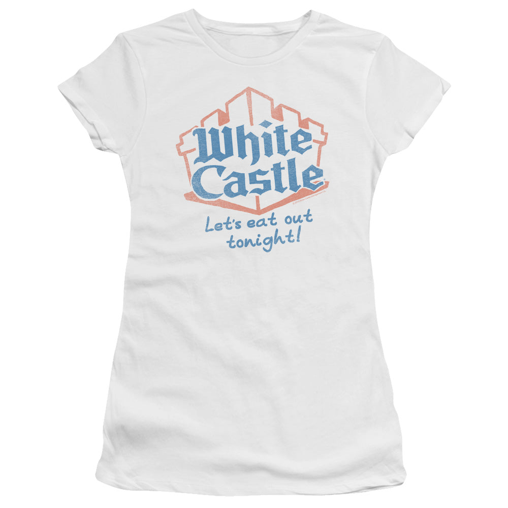 White Castle Lets Eat Junior Sheer Cap Sleeve Womens T Shirt White