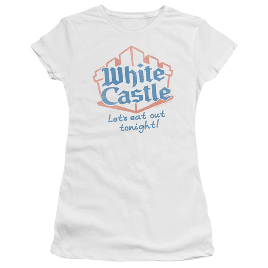 White Castle Lets Eat Junior Sheer Cap Sleeve Womens T Shirt White