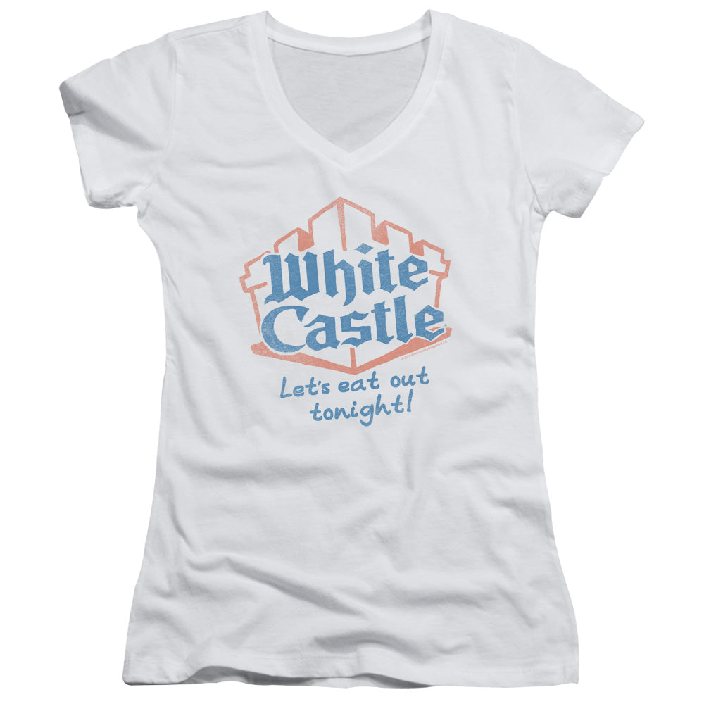 White Castle Lets Eat Junior Sheer Cap Sleeve V-Neck Womens T Shirt White