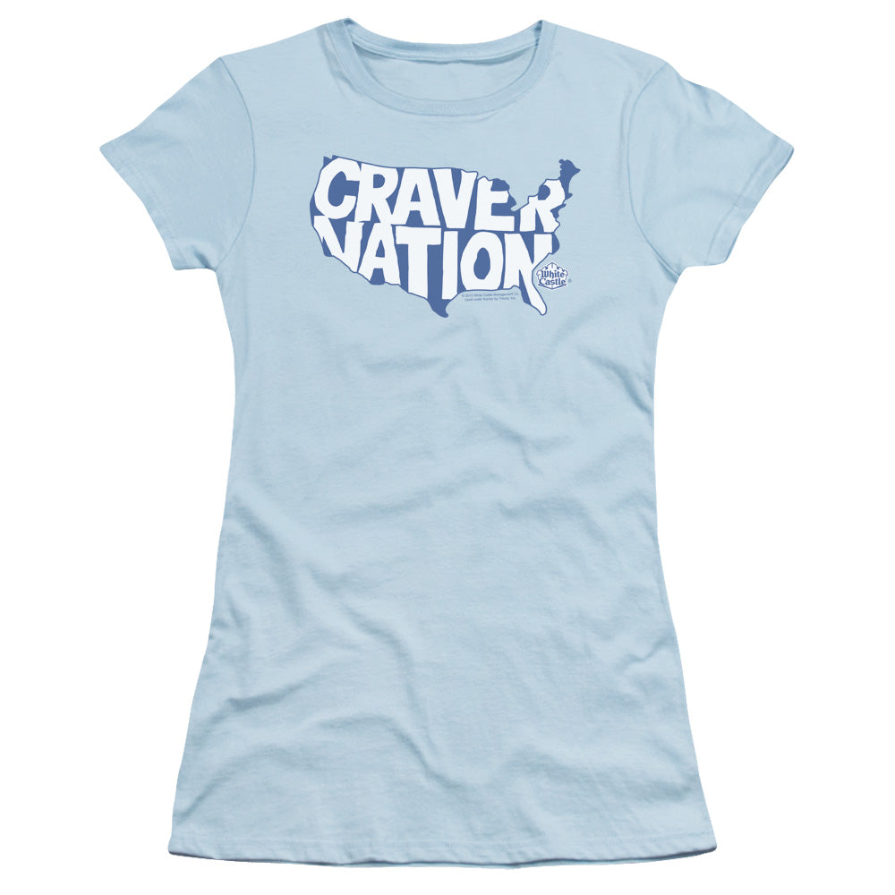 White Castle Craver Nation Junior Sheer Cap Sleeve Womens T Shirt Light Blue