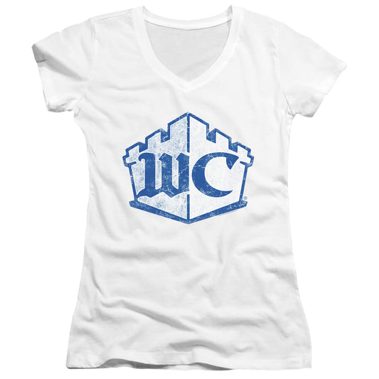 White Castle Monogram Junior Sheer Cap Sleeve V-Neck Womens T Shirt White