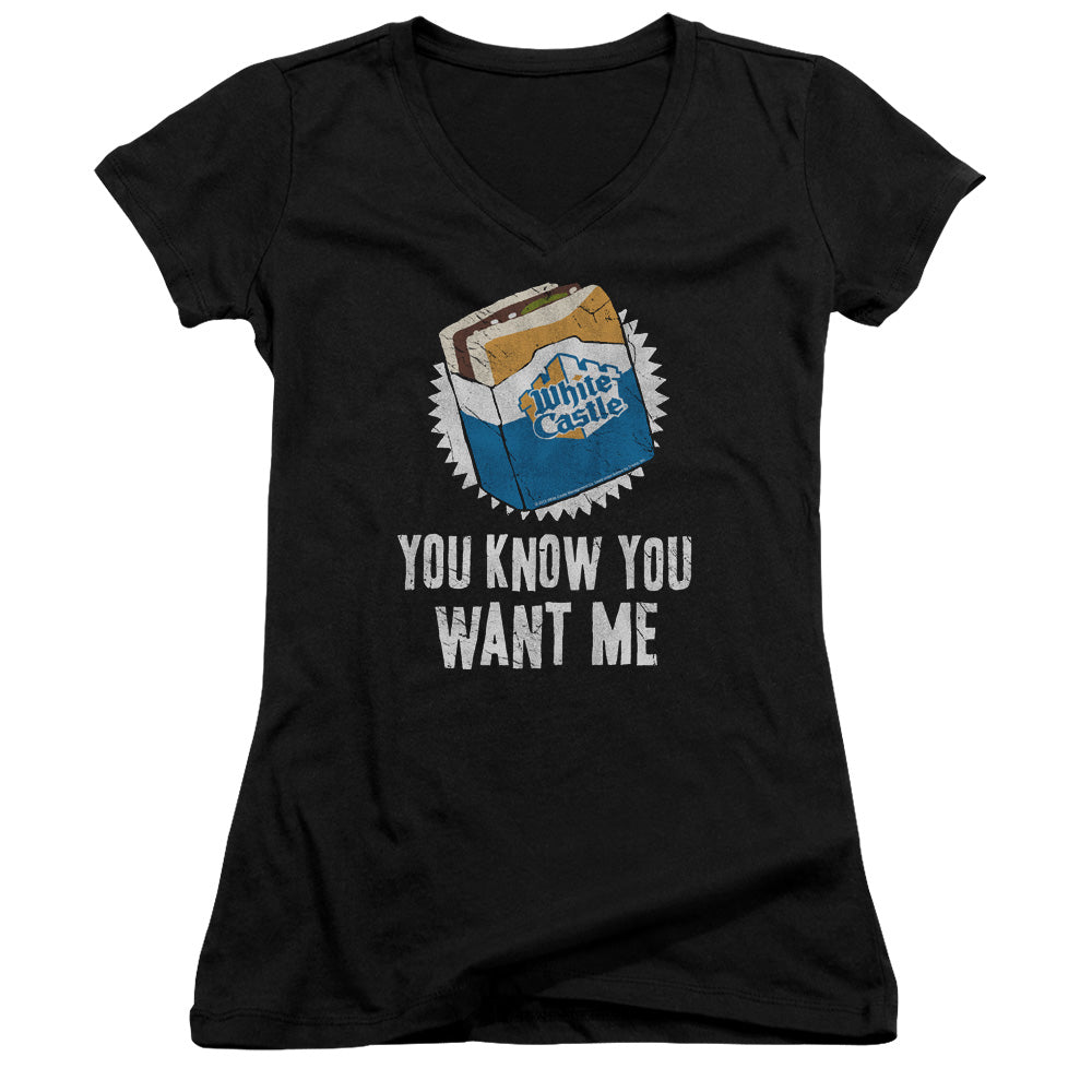 White Castle Want Me Junior Sheer Cap Sleeve V-Neck Womens T Shirt Black