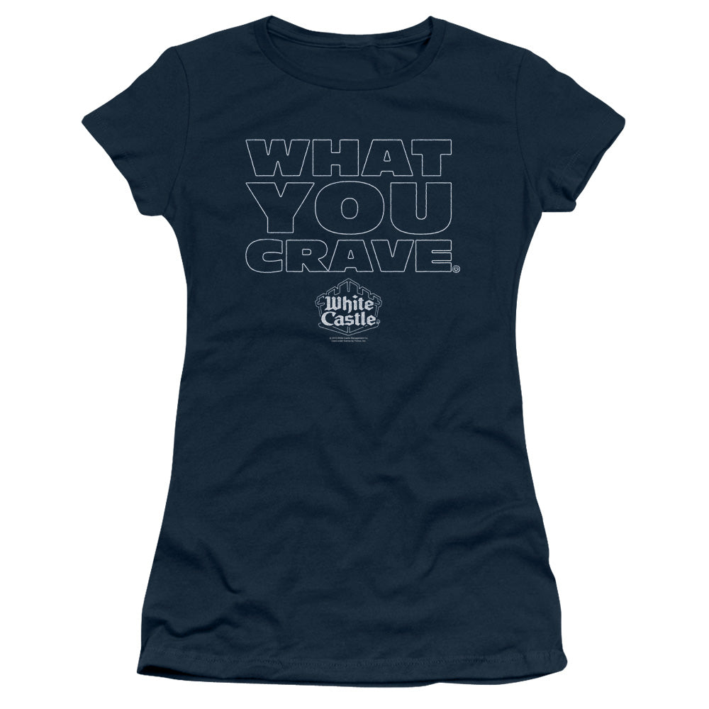 White Castle Craving Junior Sheer Cap Sleeve Womens T Shirt Navy