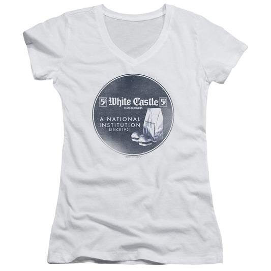 White Castle National Institution Junior Sheer Cap Sleeve V-Neck Womens T Shirt White