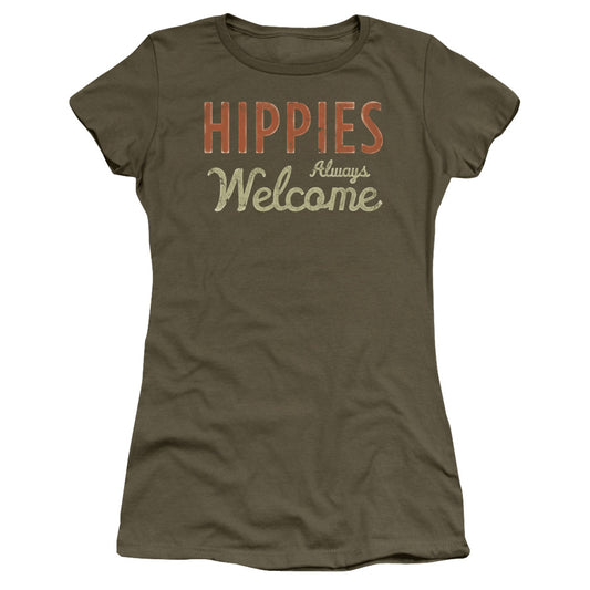 Woodstock Hippies Welcome Junior Sheer Cap Sleeve Womens T Shirt Military Green