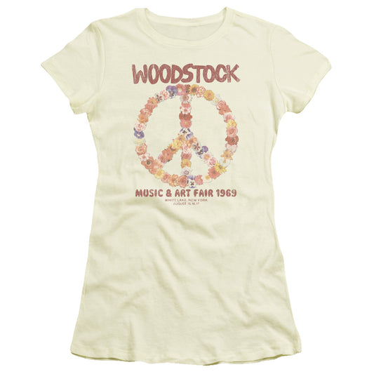 Woodstock Floral Peace Junior Sheer Cap Sleeve Womens T Shirt Cream