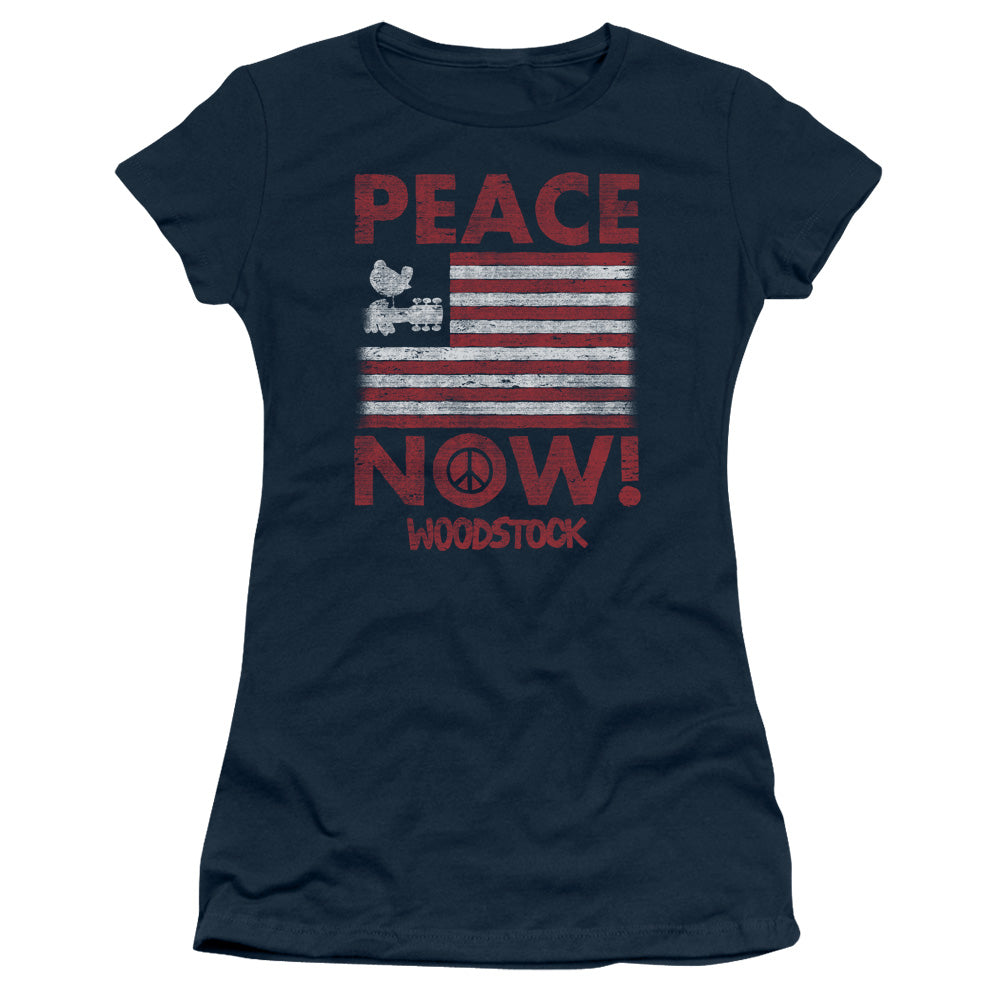 Woodstock Peace Now Junior Sheer Cap Sleeve Womens T Shirt Navy Blue