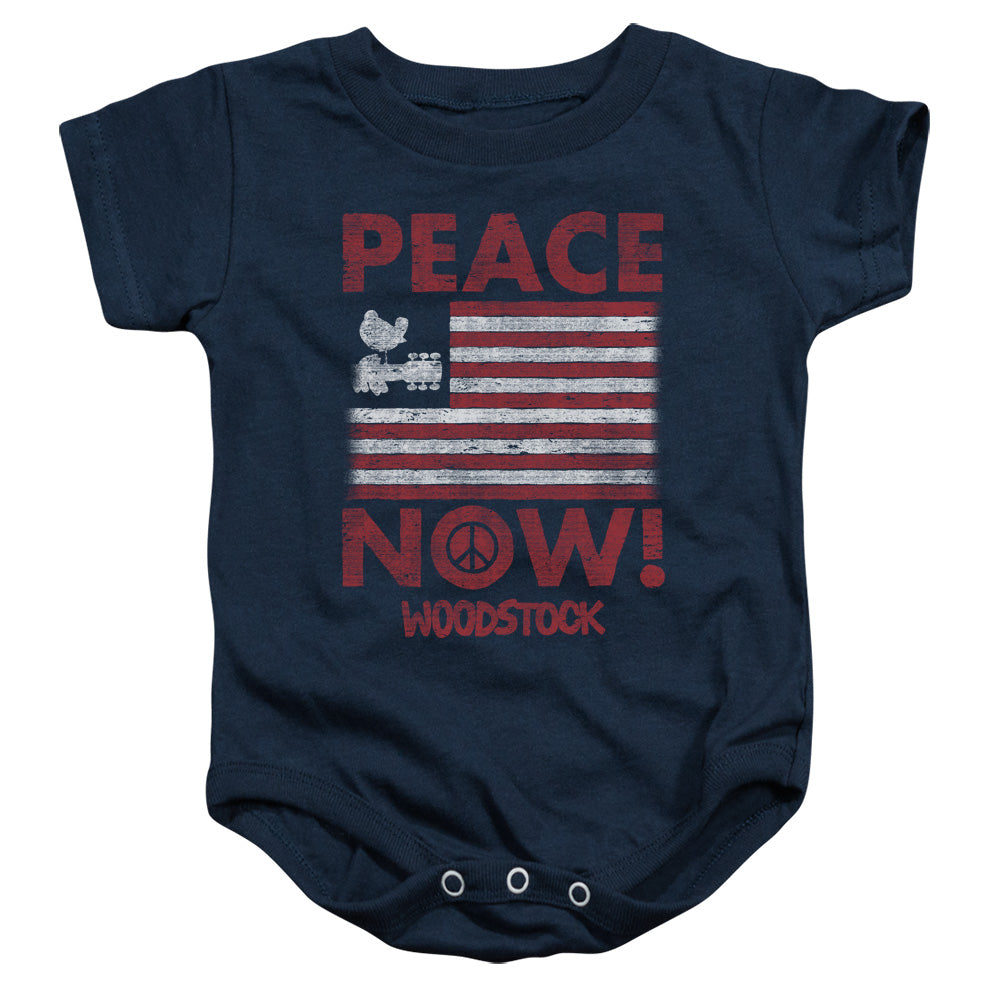 Woodstock Peace Now Infant Baby Snapsuit Navy Blue