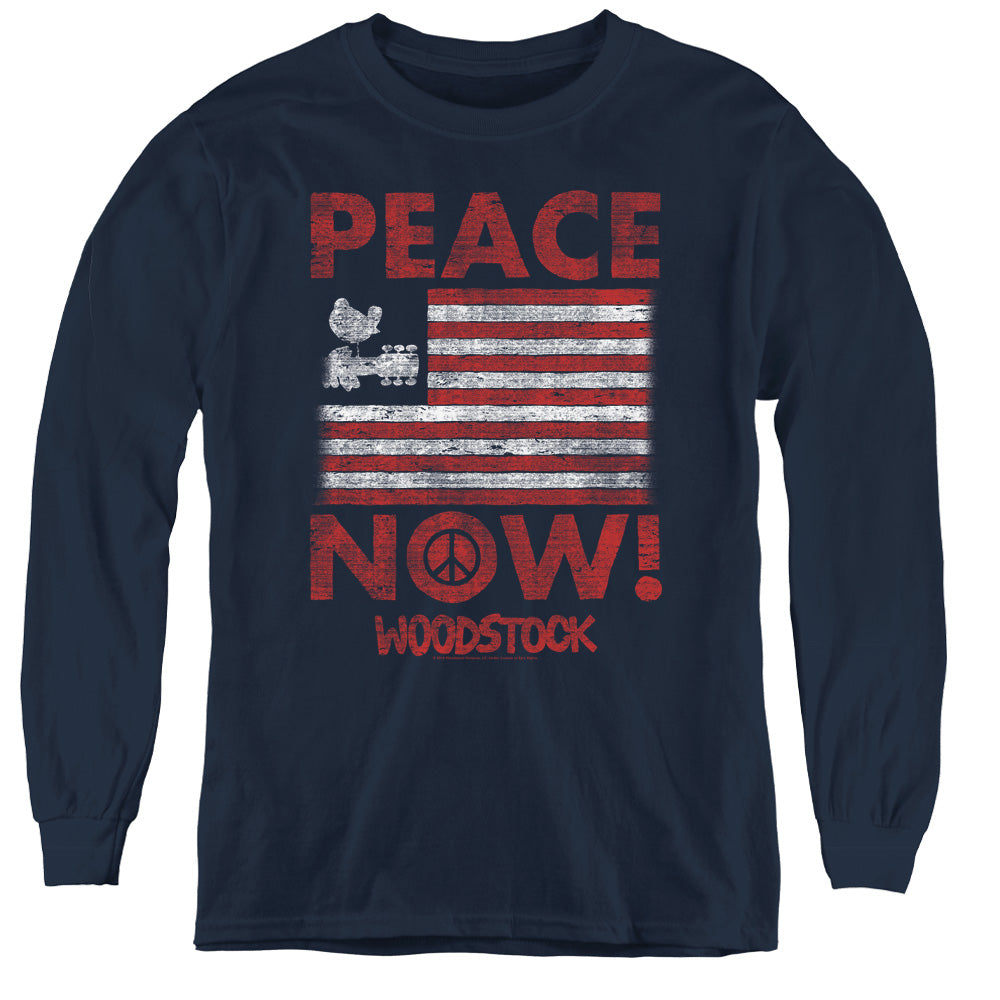 Woodstock Peace Now Long Sleeve Kids Youth T Shirt Navy Blue