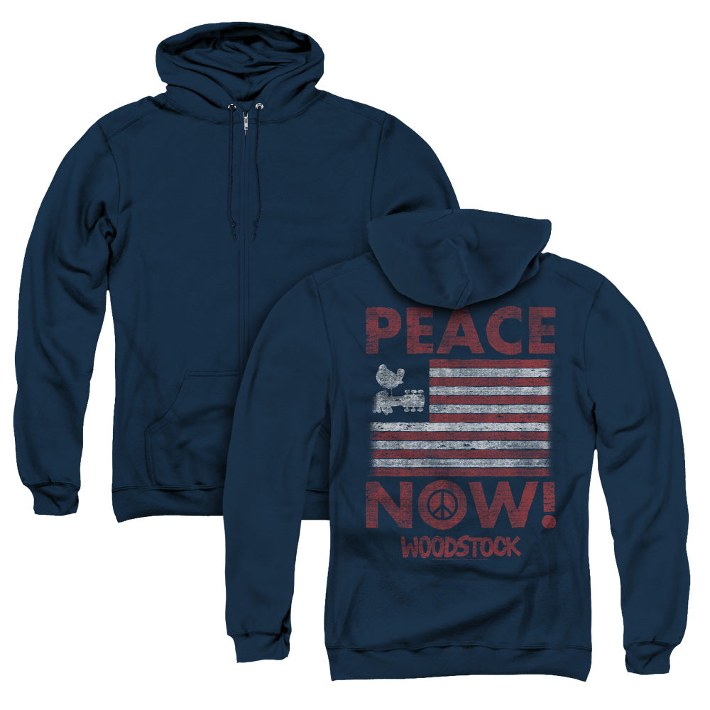 Woodstock Peace Now Back Print Zipper Mens Hoodie Navy Blue