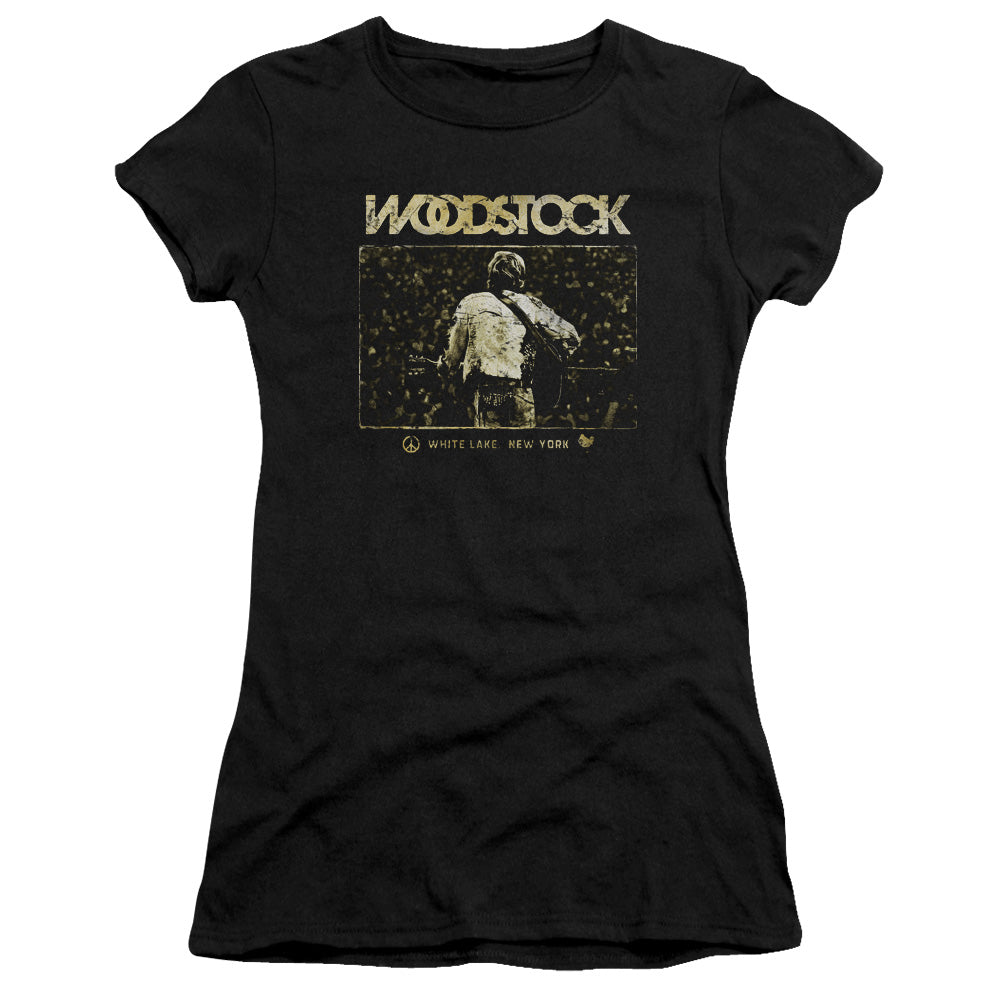 Woodstock White Lake Crowd Junior Sheer Cap Sleeve Womens T Shirt Black