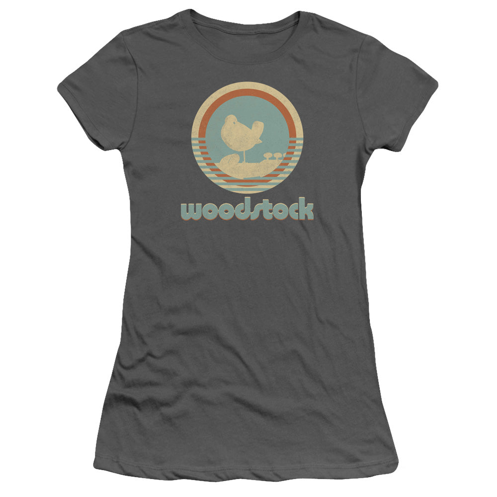 Woodstock Bird Circle Junior Sheer Cap Sleeve Womens T Shirt Charcoal