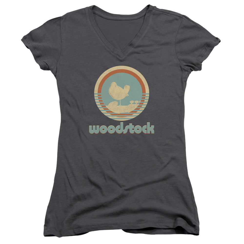 Woodstock Bird Circle Junior Sheer Cap Sleeve V-Neck Womens T Shirt Charcoal