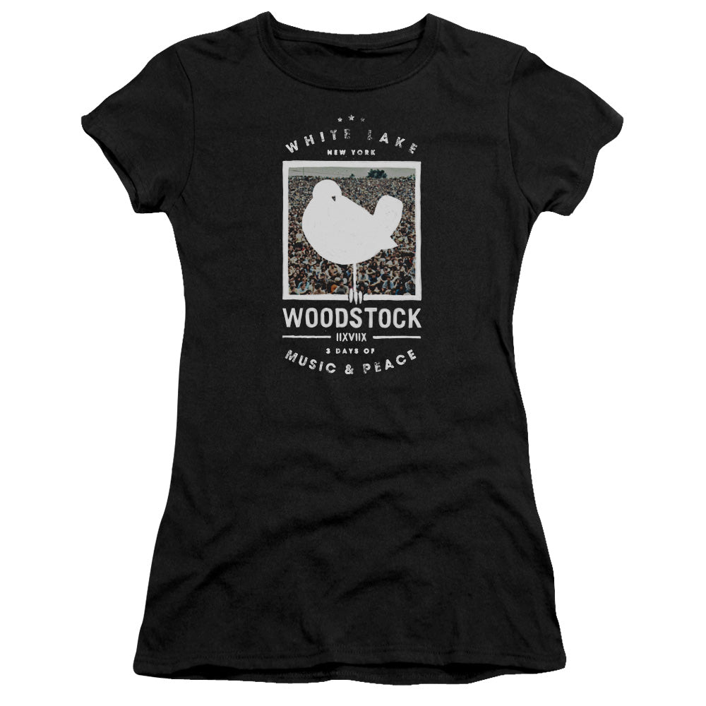 Woodstock Birds Eye View Junior Sheer Cap Sleeve Womens T Shirt Black