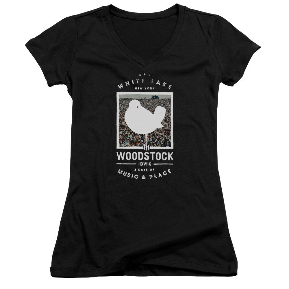 Woodstock Birds Eye View Junior Sheer Cap Sleeve V-Neck Womens T Shirt Black