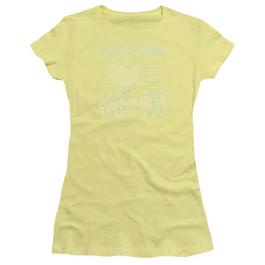 Woodstock Liney Logo Junior Sheer Cap Sleeve Womens T Shirt Yellow