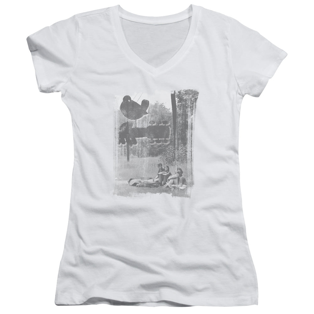 Woodstock Hippies In A Field Junior Sheer Cap Sleeve V-Neck Womens T Shirt White