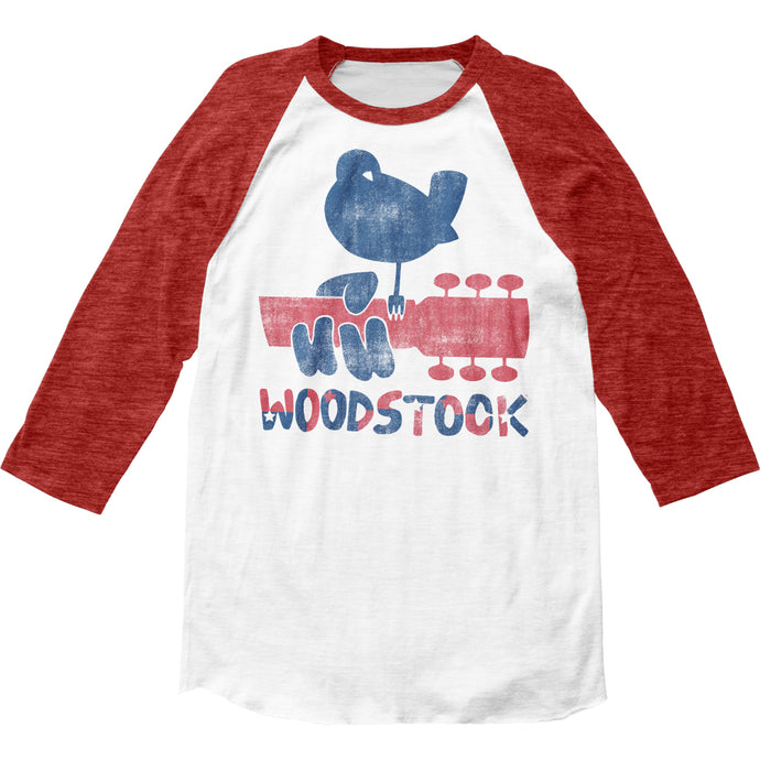 Woodstock Dove & Guitar Mens Raglan Baseball T Shirt White Red