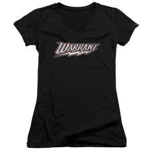 Warrant Logo Junior Sheer Cap Sleeve V-Neck Womens T Shirt Black