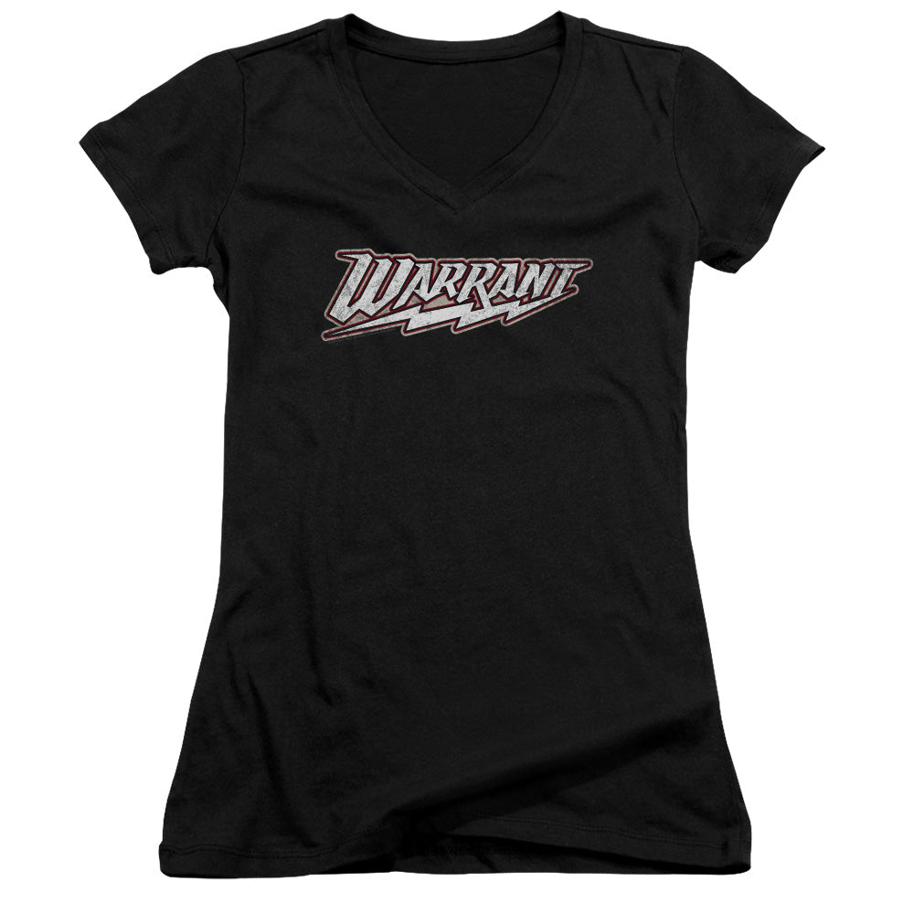 Warrant Logo Junior Sheer Cap Sleeve V-Neck Womens T Shirt Black