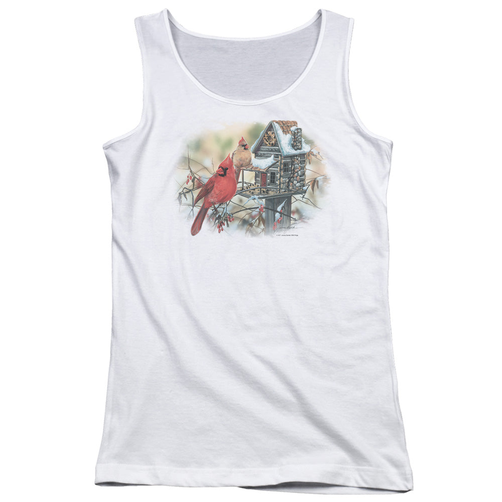 Wildlife Cardinals Rustic Retreat Womens Tank Top Shirt White