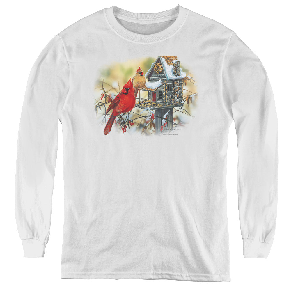 Wildlife Cardinals Rustic Retreat Long Sleeve Kids Youth T Shirt White