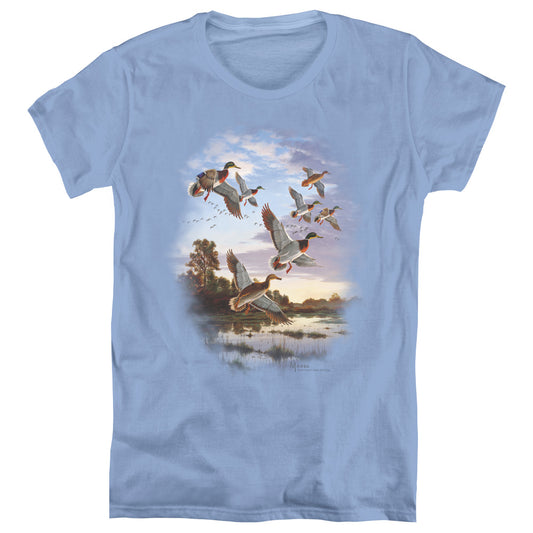 Wildlife Evening Flight Mallards Womens T Shirt Carolina Blue