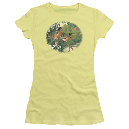 Wildlife Apple Blossom Time Robins Junior Sheer Cap Sleeve Womens T Shirt Banana