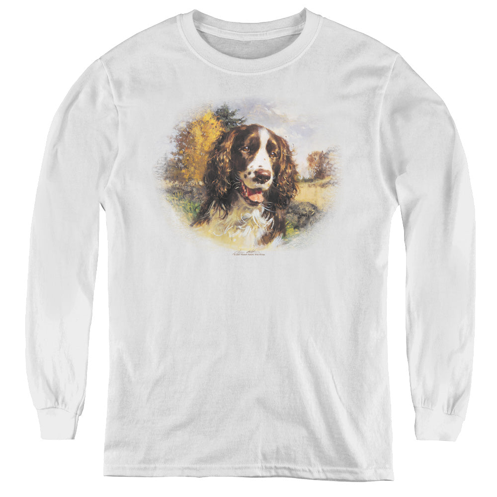 Wildlife Springer Spaniel Head Long Sleeve Kids Youth T Shirt White