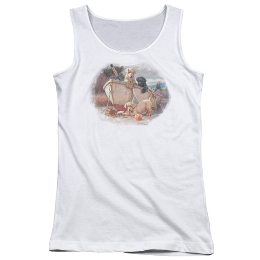 Wildlife Lunch Break Lab Pups Womens Tank Top Shirt White