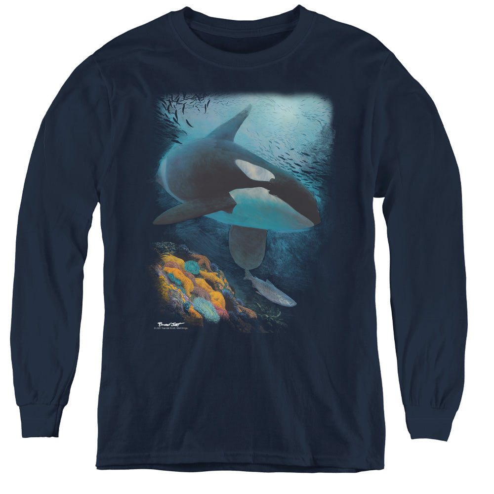 Wildlife Salmon Hunter Orca Long Sleeve Kids Youth T Shirt Navy