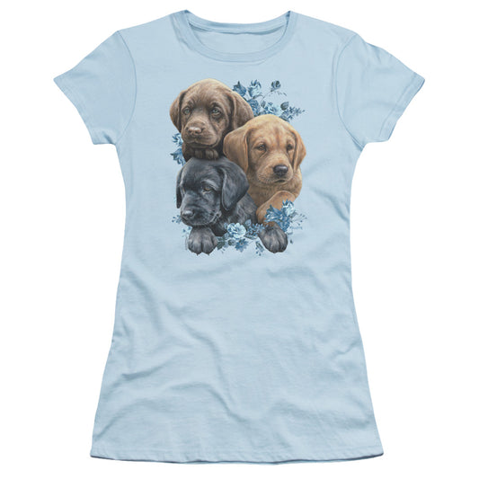 Wild Wings Puppy Pile Junior Sheer Cap Sleeve Womens T Shirt Light Blue