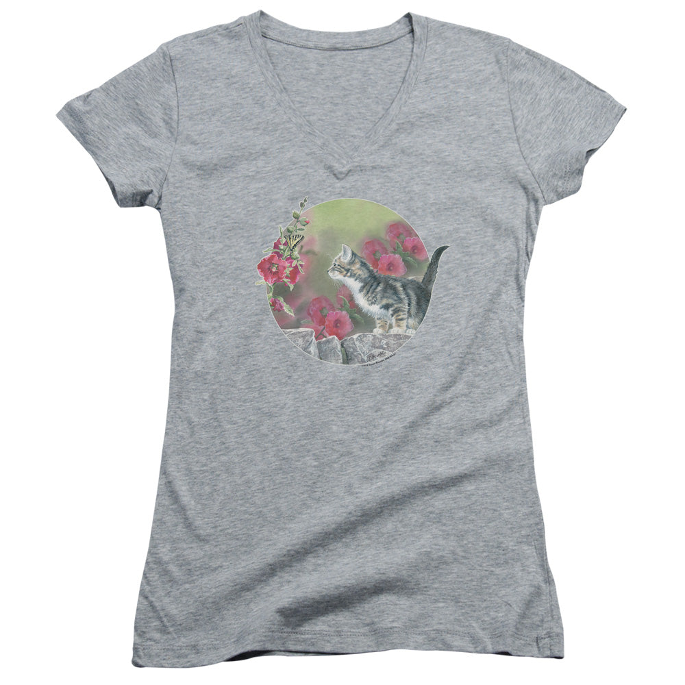 Wild Wings Kitten Flowers Junior Sheer Cap Sleeve V-Neck Womens T Shirt Athletic Heather